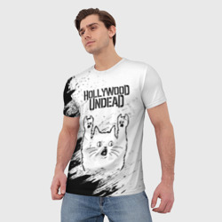 Мужская футболка 3D Hollywood Undead рок кот на светлом фоне - фото 2