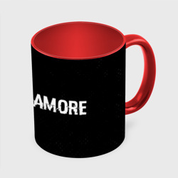 Кружка с принтом Paramore glitch на темном фоне: надпись и символ для любого человека, вид спереди №3. Цвет основы: белый + красный
