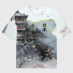 Женская футболка oversize 3D Japan - landscape - pagoda