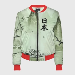 Женский бомбер 3D Japan - mountain lake - hieroglyphs