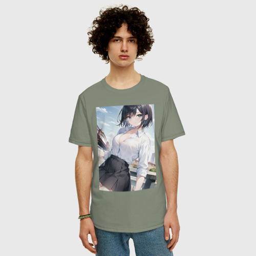 Мужская футболка хлопок Oversize Anime girl in town, цвет авокадо - фото 3