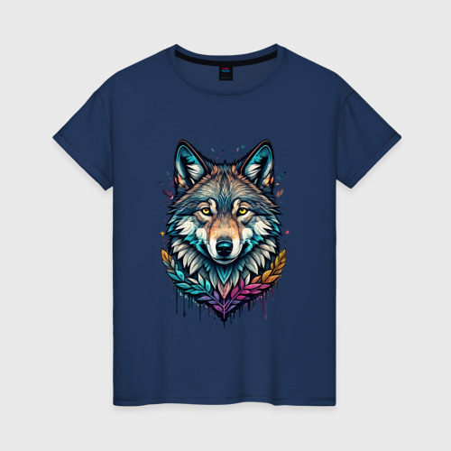 Женская футболка хлопок с принтом Лесной яркий волк, вид спереди #2