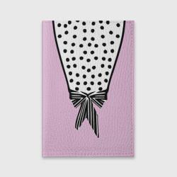 Обложка для паспорта матовая кожа Костюм Барби: черный горох с полосатым бантом