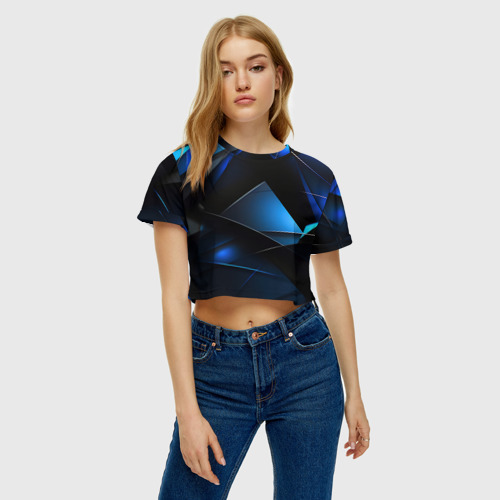 Женская футболка Crop-top 3D Черные и синие элементы, цвет 3D печать - фото 4
