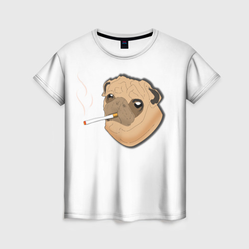 Женская футболка 3D с принтом Мопс курящий, вид спереди #2