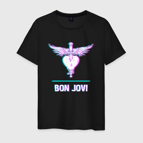 Мужская футболка хлопок с принтом Bon Jovi glitch rock, вид спереди #2