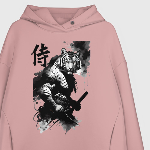 Женское худи Oversize хлопок Tiger samurai - hieroglyph - art, цвет пыльно-розовый - фото 3