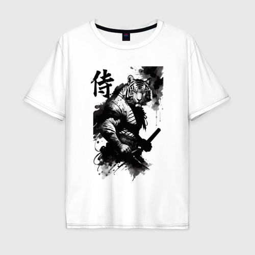 Мужская футболка из хлопка оверсайз с принтом Tiger samurai - hieroglyph - art, вид спереди №1