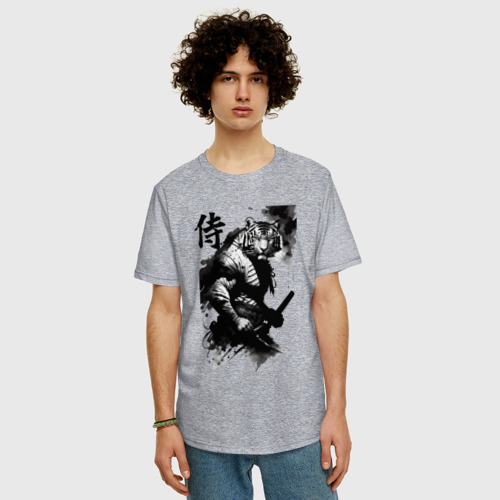 Мужская футболка хлопок Oversize Tiger samurai - hieroglyph - art, цвет меланж - фото 3