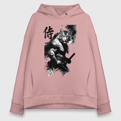 Женское худи Oversize хлопок Tiger samurai - hieroglyph - art, цвет пыльно-розовый