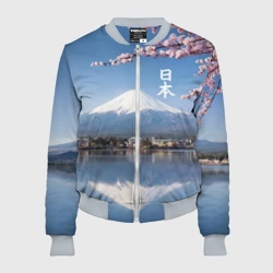 Женский бомбер 3D Цветущая сакура на фоне Фудзиямы - Япония