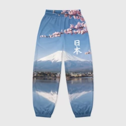 Женские джоггеры оверсайз 3D Цветущая сакура на фоне Фудзиямы - Япония