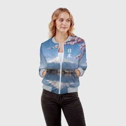 Женский бомбер 3D Цветущая сакура на фоне Фудзиямы - Япония - фото 2