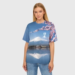 Женская футболка oversize 3D Цветущая сакура на фоне Фудзиямы - Япония - фото 2