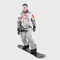 Накидка на куртку 3D Цветущая сакура, горы и солнце с иероглифами - Япония