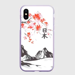 Чехол для iPhone XS Max матовый Цветущая сакура, горы и солнце с иероглифами - Япония