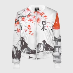 Женский бомбер 3D Цветущая сакура, горы и солнце с иероглифами - Япония