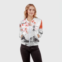 Женский бомбер 3D Цветущая сакура, горы и солнце с иероглифами - Япония - фото 2