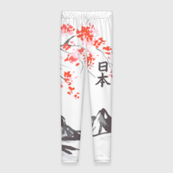Леггинсы 3D Цветущая сакура, горы и солнце с иероглифами - Япония