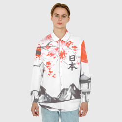 Мужская рубашка oversize 3D Цветущая сакура, горы и солнце с иероглифами - Япония - фото 2