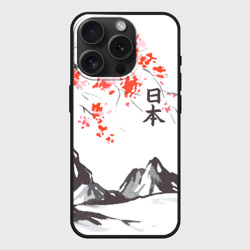 Чехол силиконовый для Apple iPhone 15 Pro матовый Цветущая сакура, горы и солнце с иероглифами - Япония