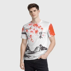 Мужская футболка 3D Цветущая сакура, горы и солнце с иероглифами - Япония - фото 2