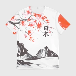 Мужская футболка 3D Цветущая сакура, горы и солнце с иероглифами - Япония