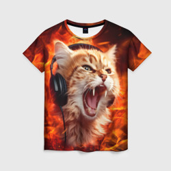 Женская футболка 3D Кот пламенный меломан