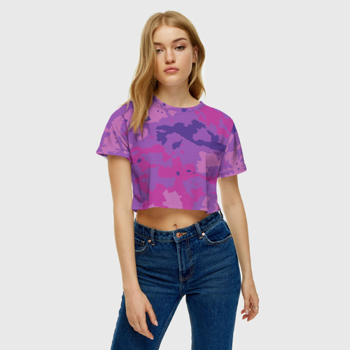 Женская футболка Crop-top 3D Фиолетовый камуфляж, цвет 3D печать - фото 3