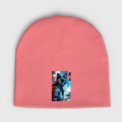 Мужская шапка демисезонная Модный котик на фоне городских огней