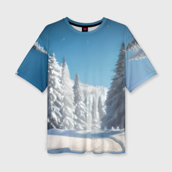 Женская футболка oversize 3D Зимний еловый лес