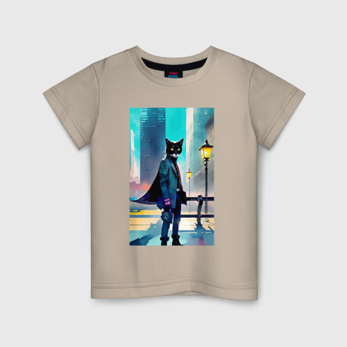 Детская футболка хлопок с принтом Кот модник - Нью-Йорк - акварель, вид спереди #2