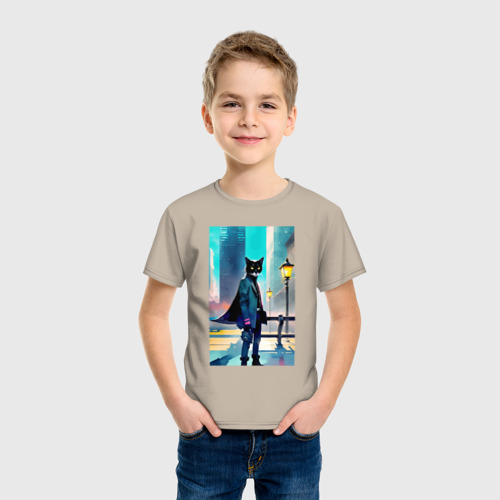 Детская футболка хлопок с принтом Кот модник - Нью-Йорк - акварель, фото на моделе #1