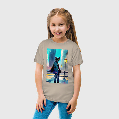 Детская футболка хлопок с принтом Кот модник - Нью-Йорк - акварель, вид сбоку #3