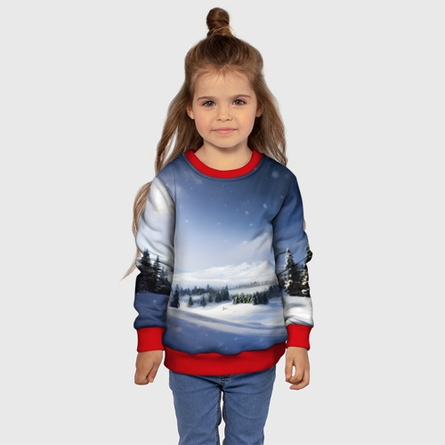 Детский свитшот 3D с принтом Снежные ёлки и гора, фото #4