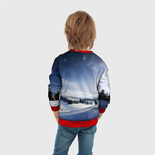 Детский свитшот 3D с принтом Снежные ёлки и гора, вид сзади #2