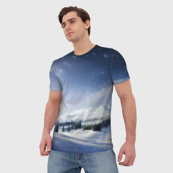 Мужская футболка 3D Снежные ёлки и гора - фото 2