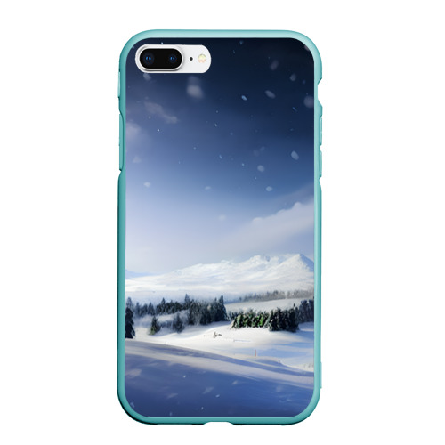 Чехол для iPhone 7Plus/8 Plus матовый с принтом Снежные ёлки и гора, вид спереди #2