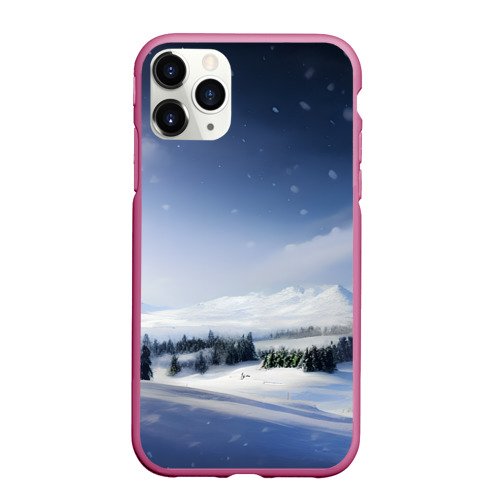 Чехол для iPhone 11 Pro Max матовый с принтом Снежные ёлки и гора, вид спереди #2