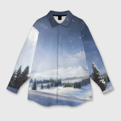 Мужская рубашка oversize 3D Снежные ёлки и гора