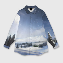 Женская рубашка oversize 3D Снежные ёлки и гора
