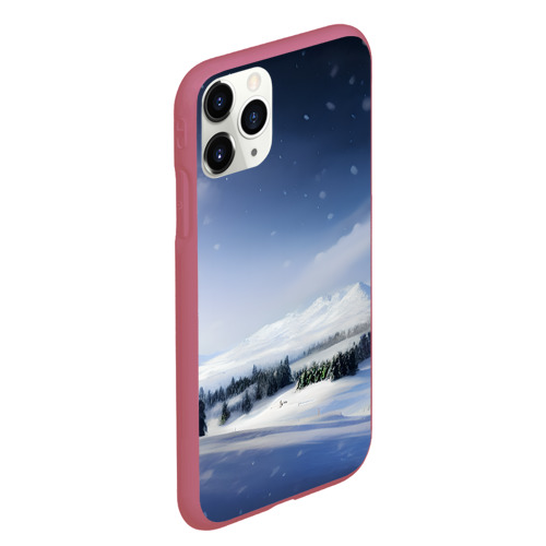 Чехол для iPhone 11 Pro Max матовый с принтом Снежные ёлки и гора, вид сбоку #3