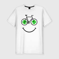 Мужская футболка хлопок Slim Клевер четырехлистный на колесах велосипеда