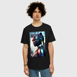 Мужская футболка хлопок Oversize Чёрная пантера - нейросеть - Киберпанк - фото 2