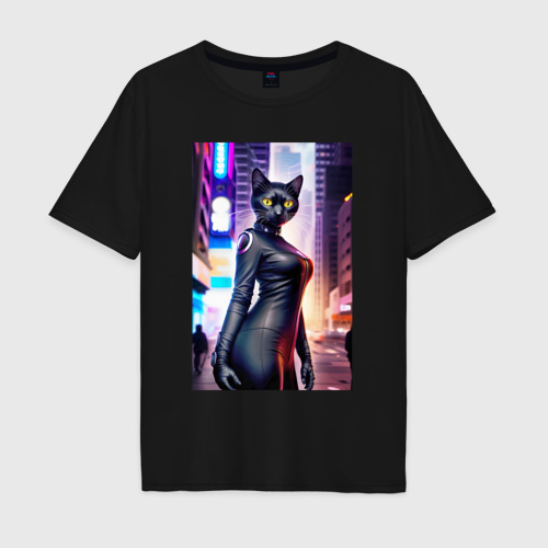 Мужская футболка хлопок Oversize Кульная чёрная кисуля - Нью-Йорк - нейросеть, цвет черный