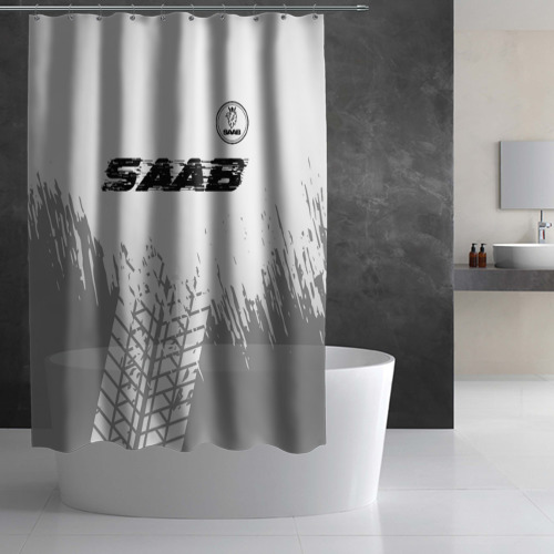 Штора 3D для ванной Saab Speed на светлом фоне со следами шин: символ сверху - фото 2