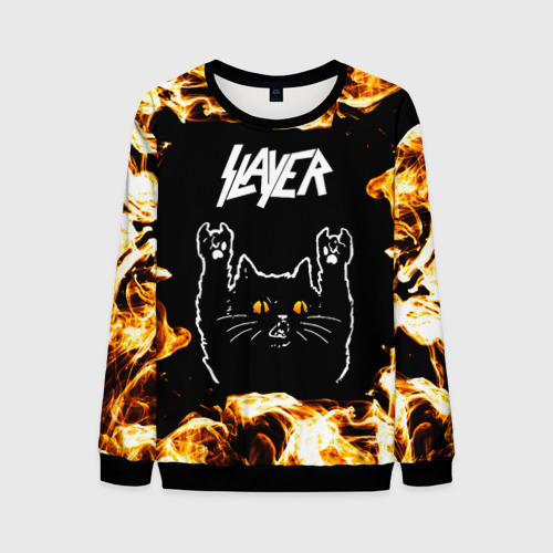 Мужской свитшот 3D Slayer рок кот и огонь, цвет черный