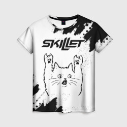 Женская футболка 3D Skillet рок кот на светлом фоне