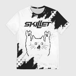 Мужская футболка 3D Skillet рок кот на светлом фоне