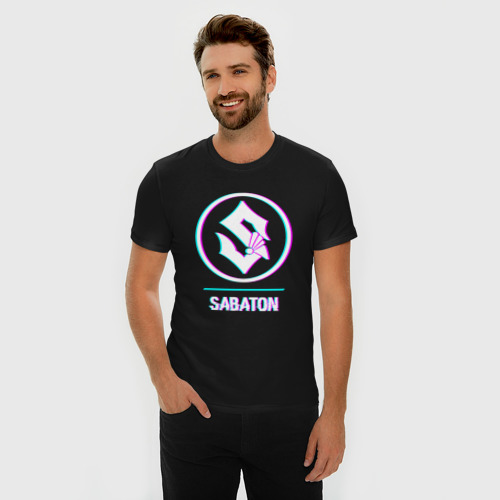 Мужская футболка хлопок Slim с принтом Sabaton glitch rock, фото на моделе #1